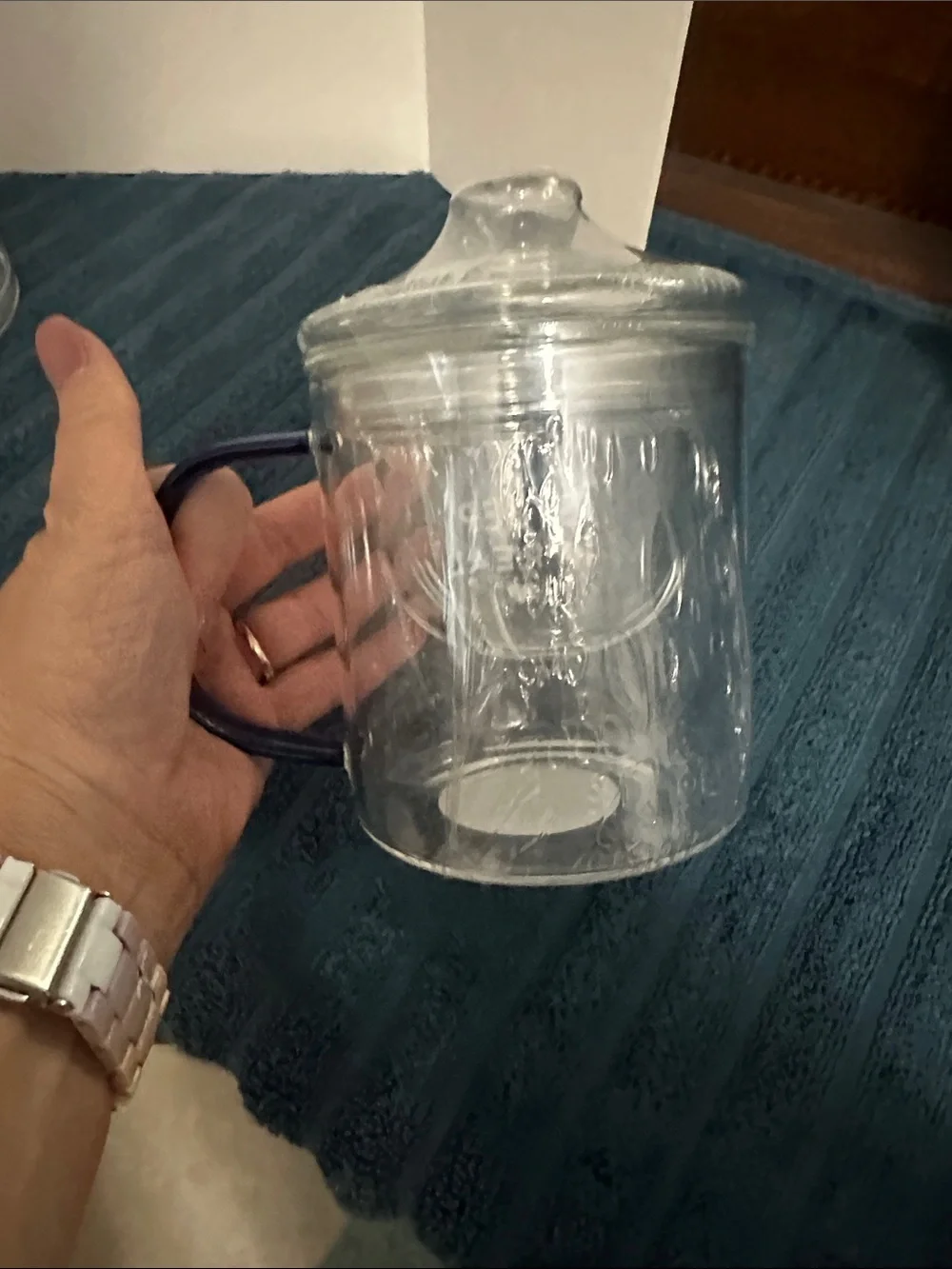 Glass Tea Steeper with Lid and Blue Handle - "Steep It Real", glass honey keeper - Picture 7 of 8